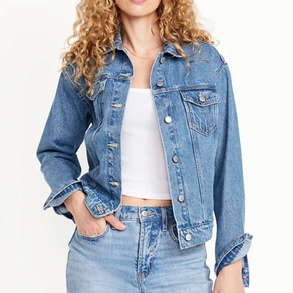 Old Navy Classic Medium Wash Denim Trucker Jacket Size Large Cotton Blend EUC